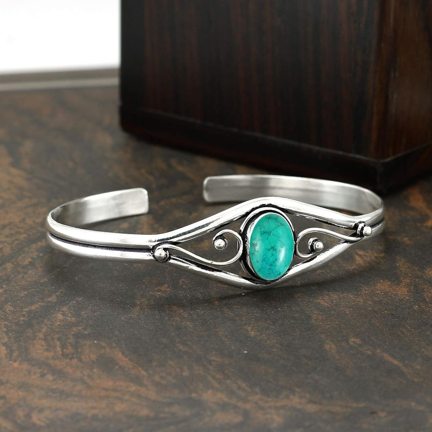 925 Silver Plated Turquoise Bangle Jewelry For Women Handmade Vintage Boho Style Cuff Bangle